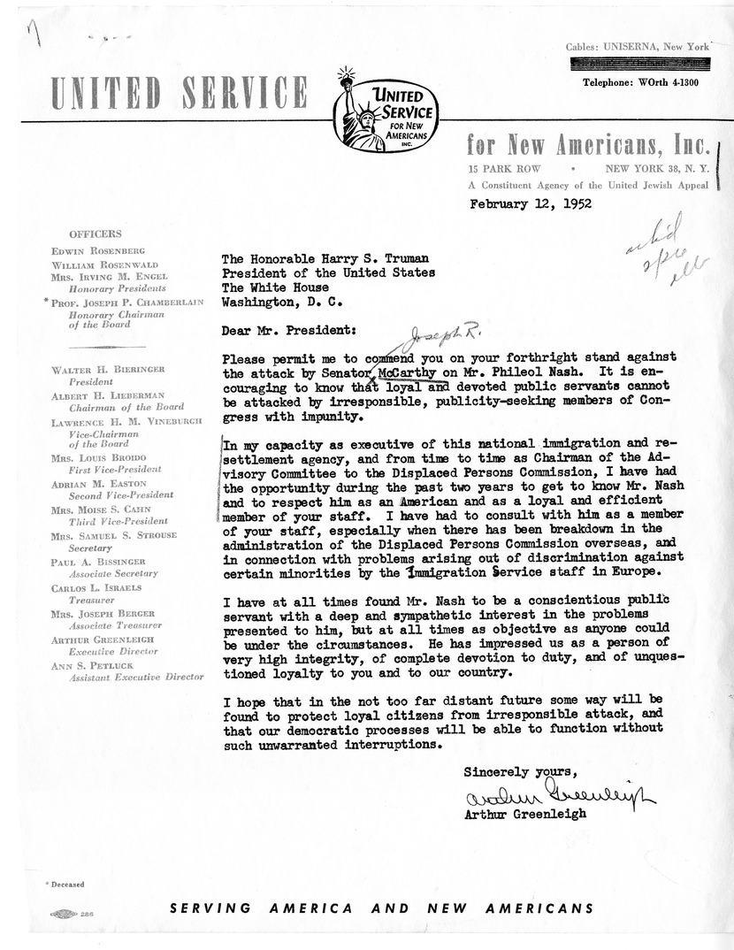 Letter from Arthur Greenleigh to President Harry S. Truman, with a Reply from William Hassett