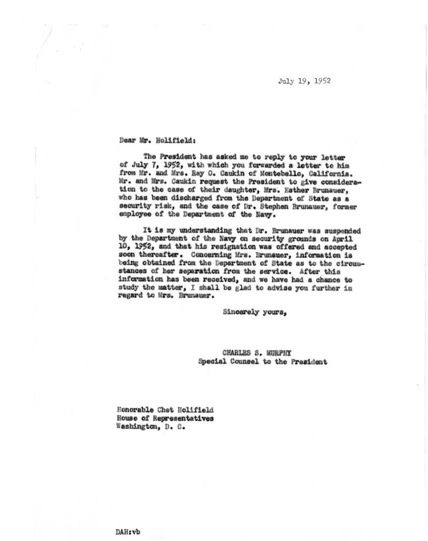 Letter from Charles S. Murphy to Representative Chet Holifield, with Attachments and Related Material