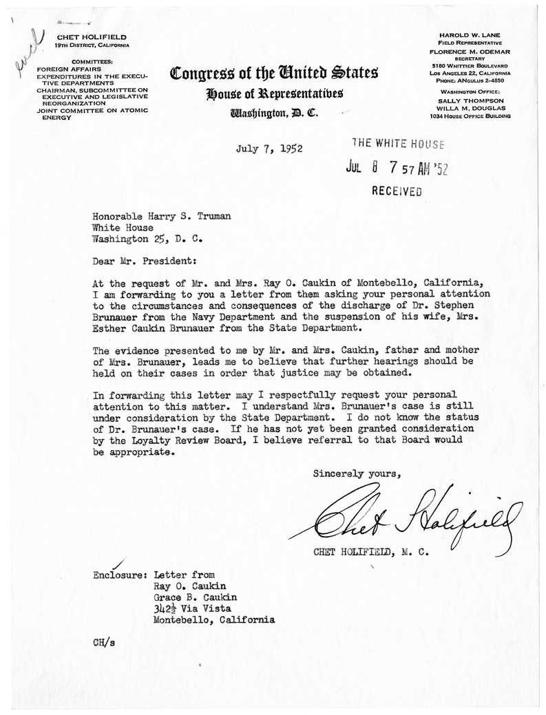 Letter from Charles S. Murphy to Representative Chet Holifield, with Attachments and Related Material