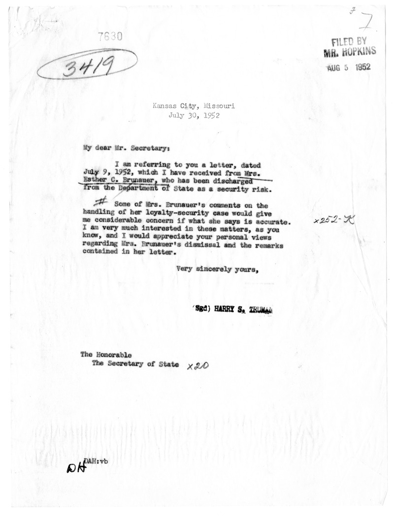 Memorandum from President Harry S. Truman to Secretary of State Dean Acheson, with Related Material