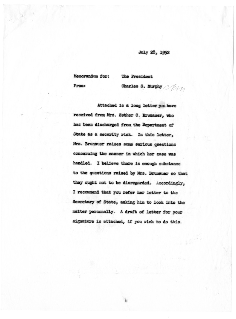 Memorandum from President Harry S. Truman to Secretary of State Dean Acheson, with Related Material