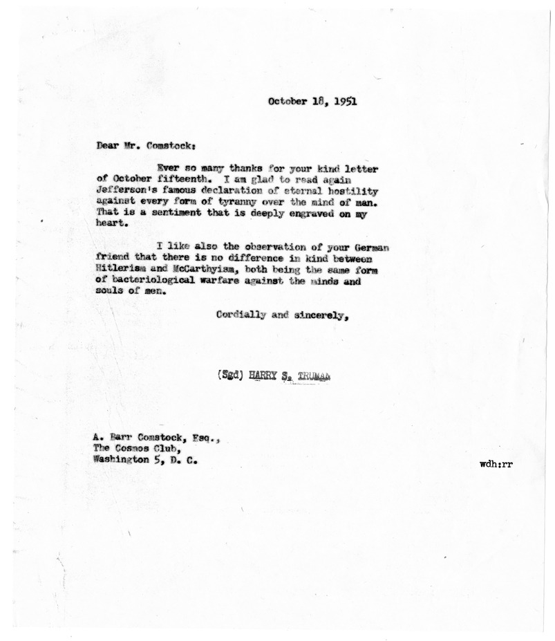 Correspondence Between President Harry S. Truman and A. Barr Comstock