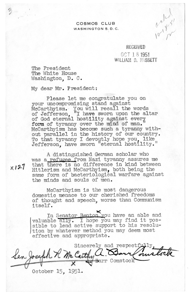 Correspondence Between President Harry S. Truman and A. Barr Comstock