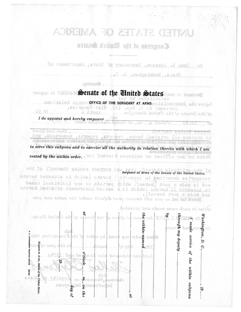 Subpoena, Senator Millard E. Tydings to Secretary of State Dean G. Acheson