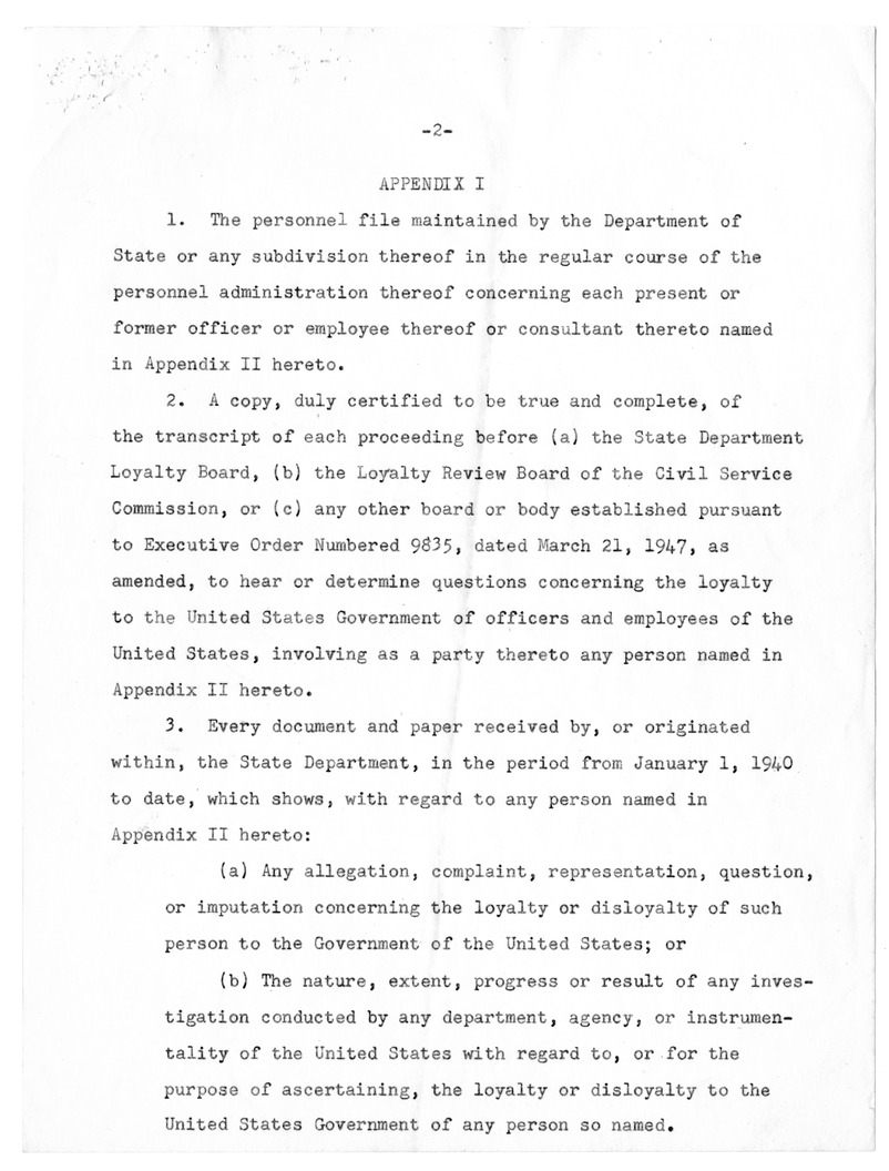 Subpoena, Senator Millard E. Tydings to Secretary of State Dean G. Acheson