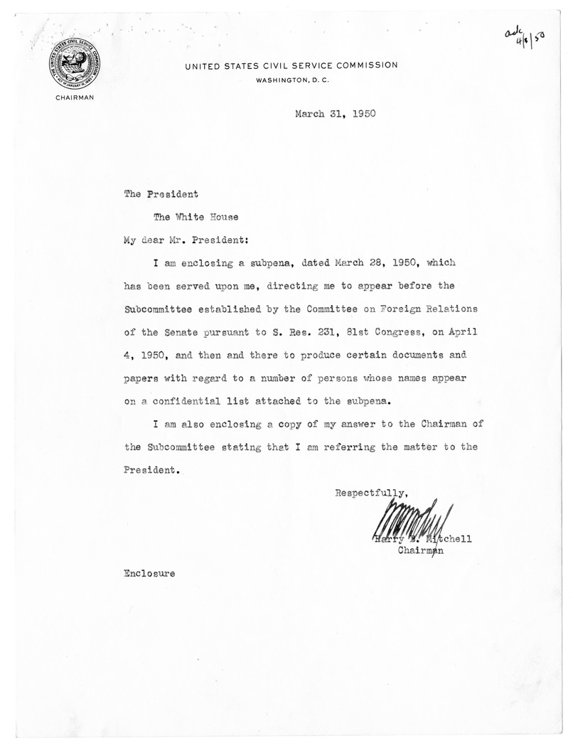 Memorandum from Charles S. Murphy to Harry B. Mitchell, with Attachments
