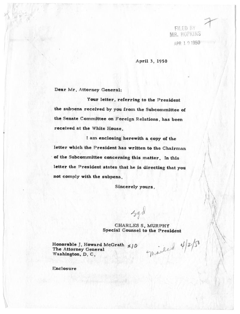 Memorandum from Attorney General J. Howard McGrath to President Harry S. Truman, with a Reply from Charles  S. Murphy, with Attachments