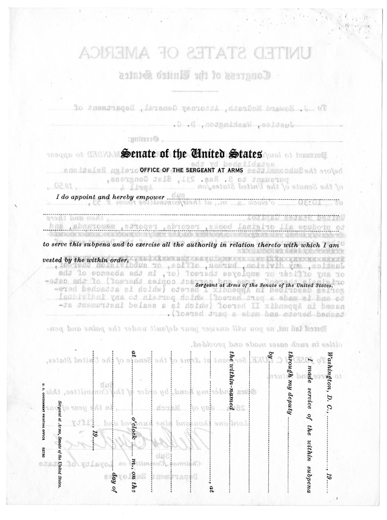 Memorandum from Attorney General J. Howard McGrath to President Harry S. Truman, with a Reply from Charles  S. Murphy, with Attachments