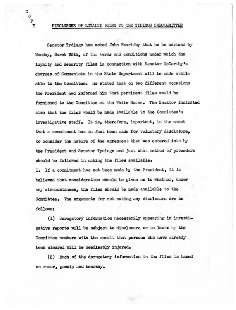 Memorandum, "Disclosure of Loyalty Files to the Tydings Subcommittee"