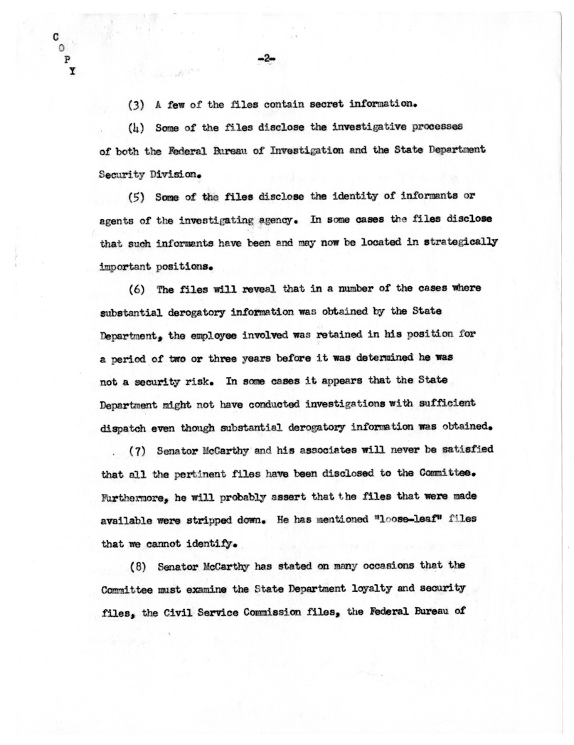 Memorandum, "Disclosure of Loyalty Files to the Tydings Subcommittee"