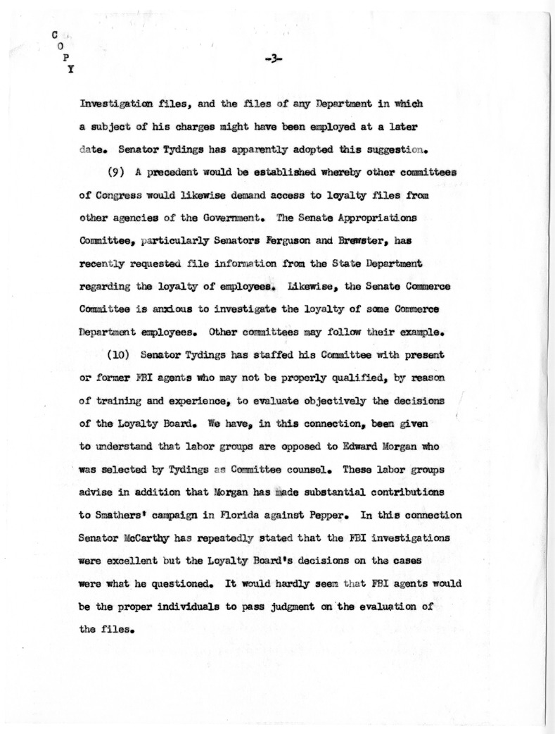 Memorandum, "Disclosure of Loyalty Files to the Tydings Subcommittee"