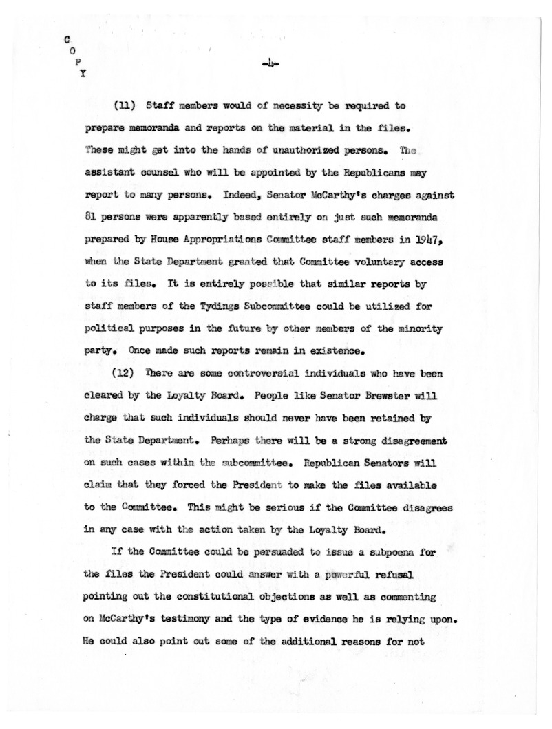 Memorandum, "Disclosure of Loyalty Files to the Tydings Subcommittee"