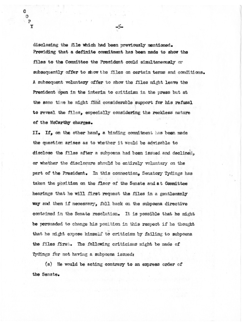 Memorandum, "Disclosure of Loyalty Files to the Tydings Subcommittee"