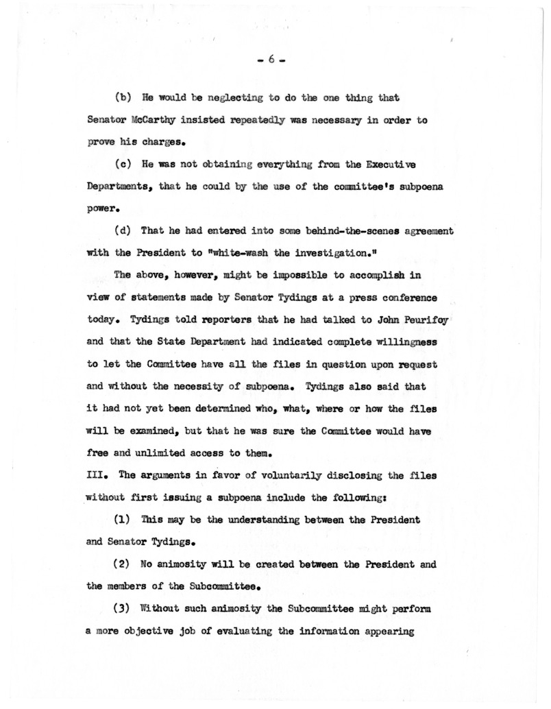 Memorandum, "Disclosure of Loyalty Files to the Tydings Subcommittee"