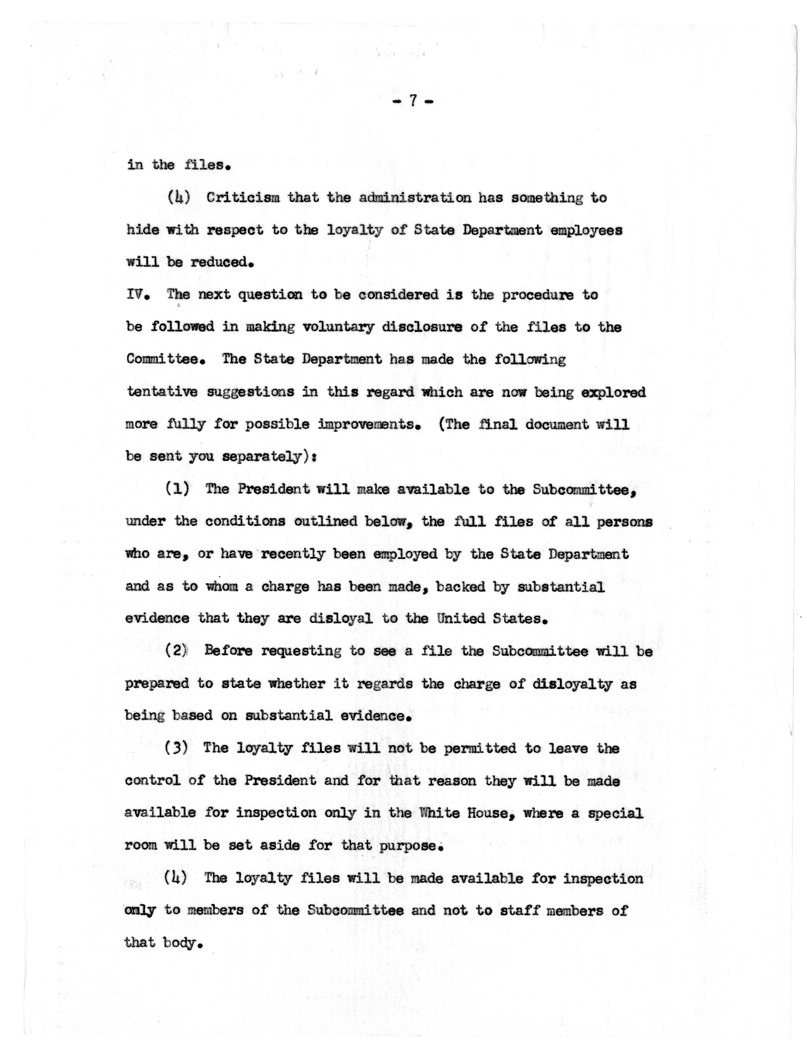 Memorandum, "Disclosure of Loyalty Files to the Tydings Subcommittee"