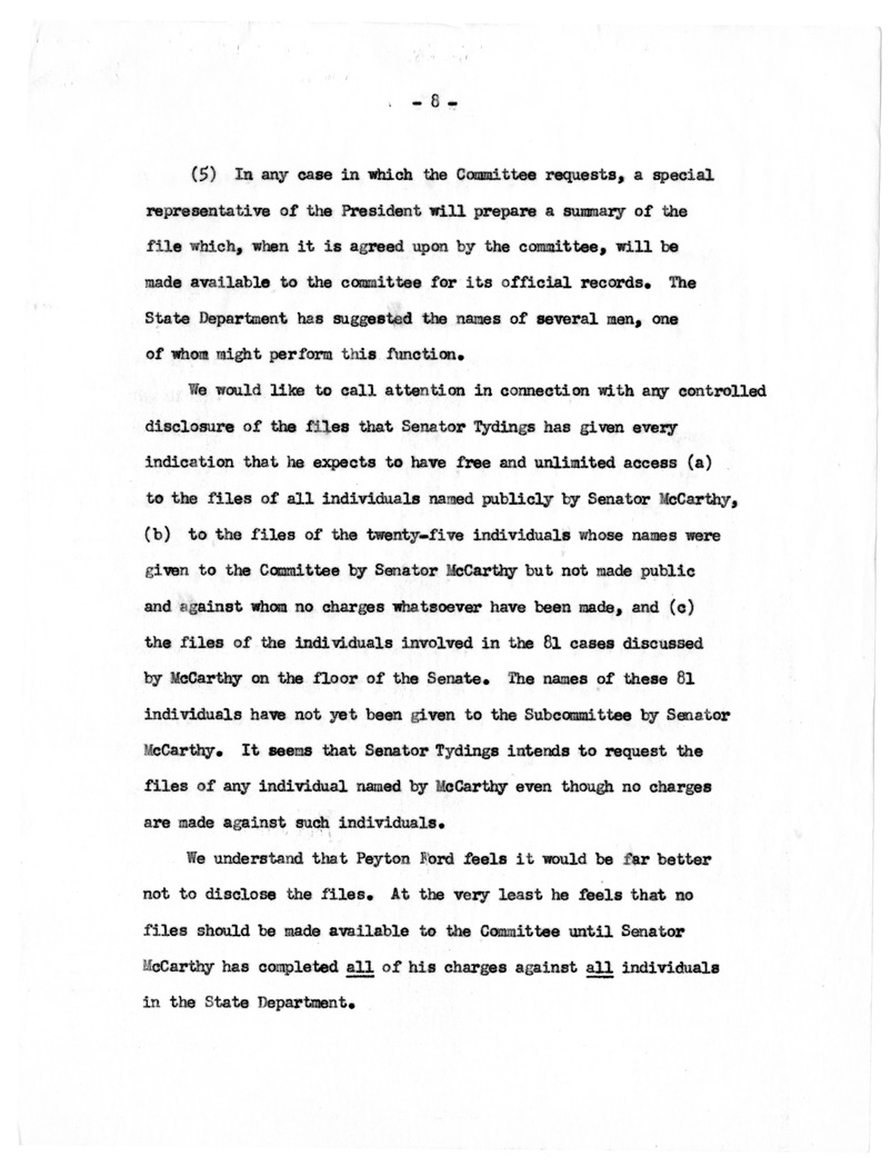 Memorandum, "Disclosure of Loyalty Files to the Tydings Subcommittee"