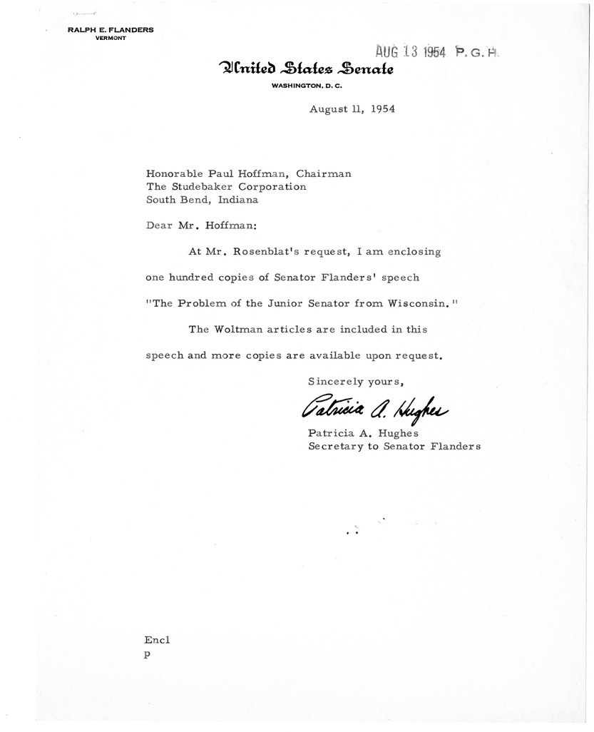 Patricia A. Hughes to Paul Hoffman, with Attached Speech of Senator Ralph E. Flanders