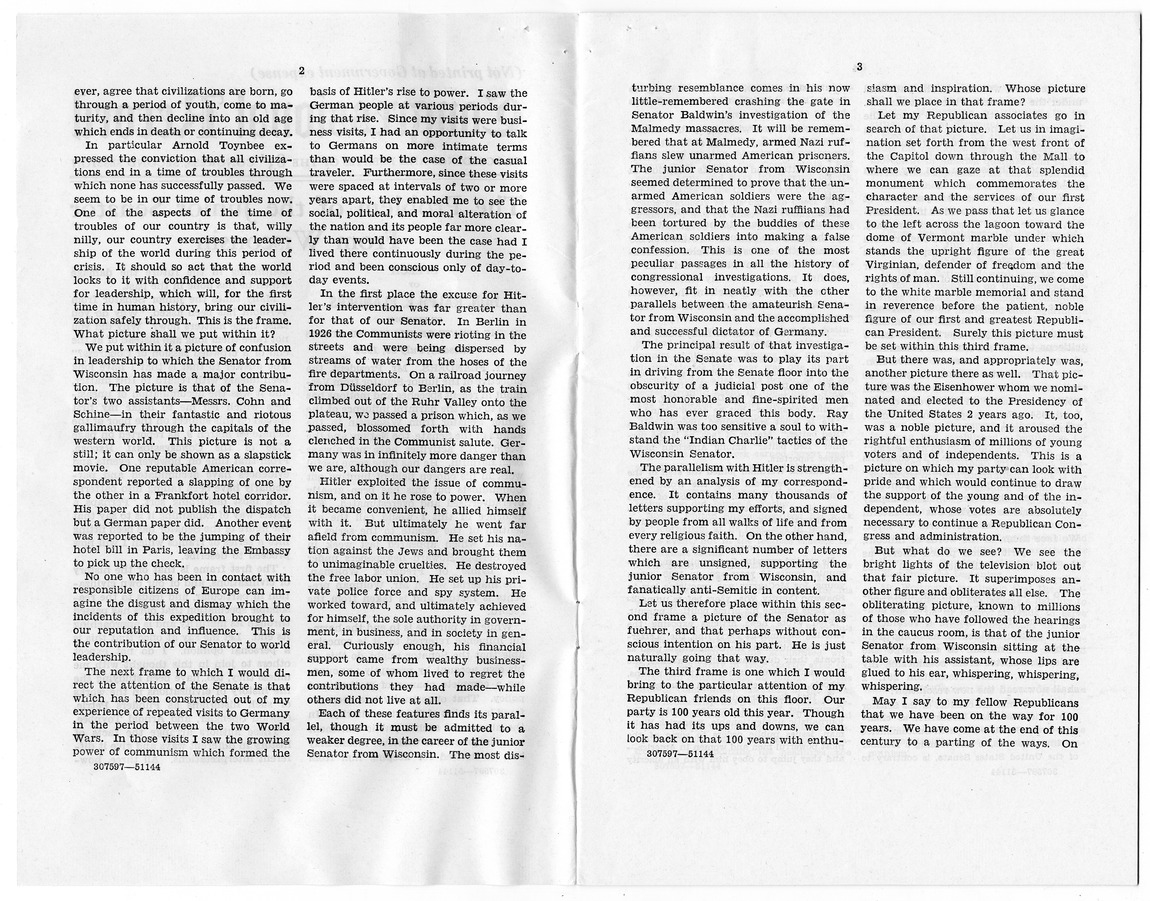 Patricia A. Hughes to Paul Hoffman, with Attached Speech of Senator Ralph E. Flanders