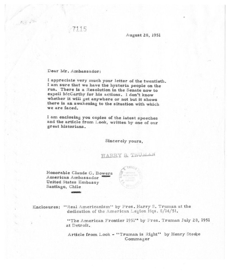 Correspondence Between President Harry S. Truman and Claude G. Bowers