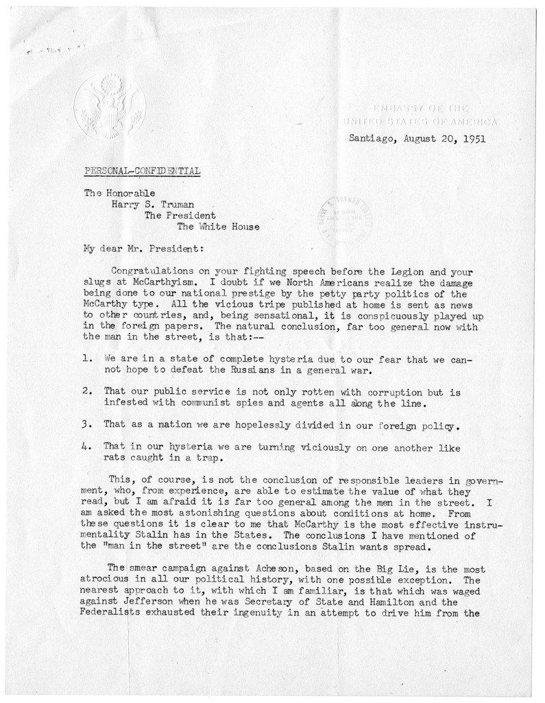 Correspondence Between President Harry S. Truman and Claude G. Bowers