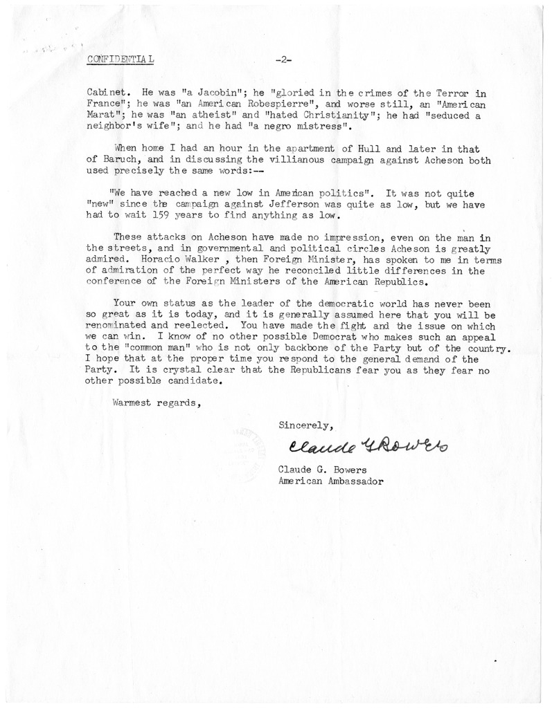 Correspondence Between President Harry S. Truman and Claude G. Bowers