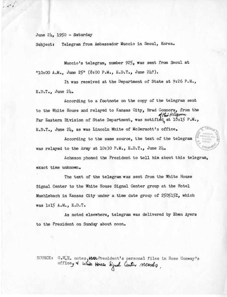 Notes and Memoranda Regarding Events of June 24-25, 1950