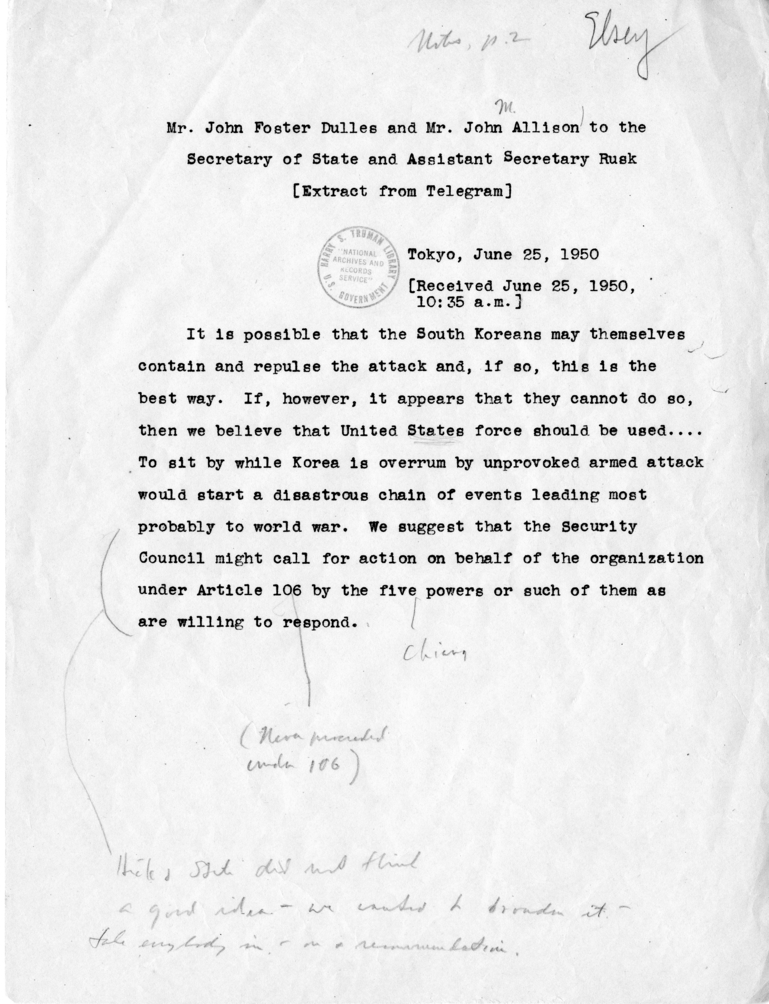 Telegram Extract, John Foster Dulles and John Allison to Dean Acheson and Dean Rusk