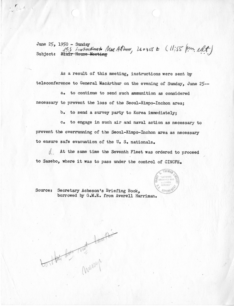 Memo Regarding Instructions to General Douglas MacArthur At the Outbreak of the Korean War