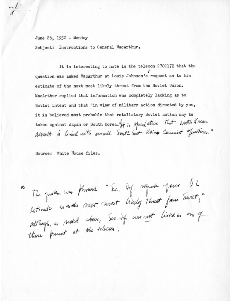Notes and Memoranda Regarding Instructions to General MacArthur