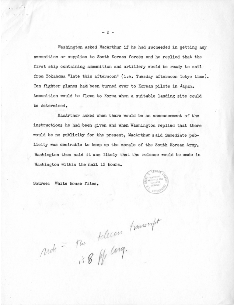Notes Regarding June 26, 1950 Teleconference with General Douglas MacArthur