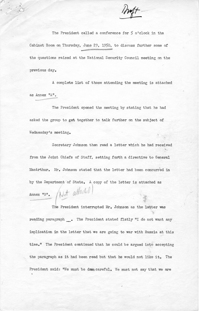 Notes Regarding President Truman's June 29, 1950 Meeting