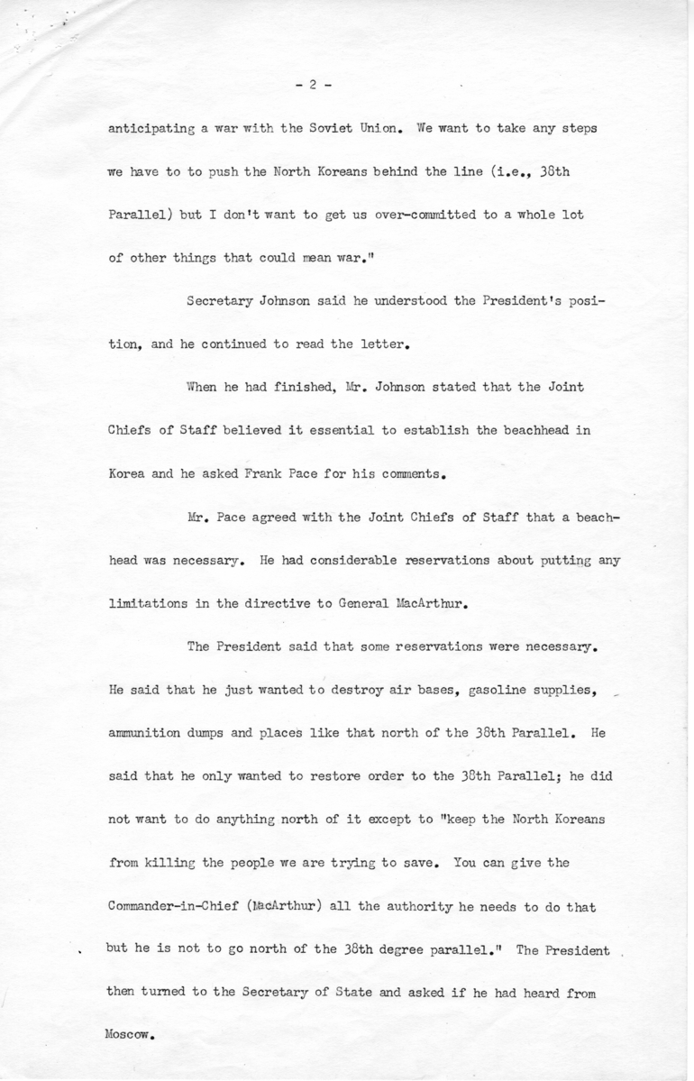 Notes Regarding President Truman&#039;s June 29, 1950 Meeting