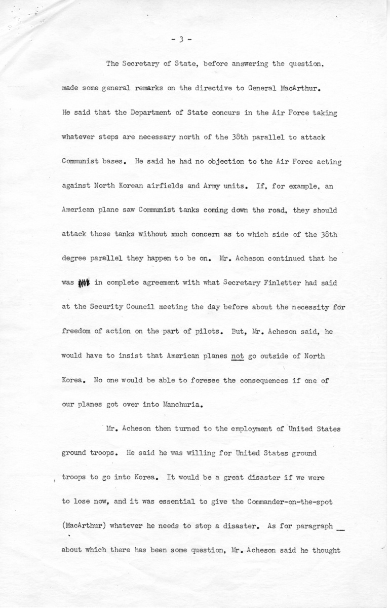 Notes Regarding President Truman's June 29, 1950 Meeting