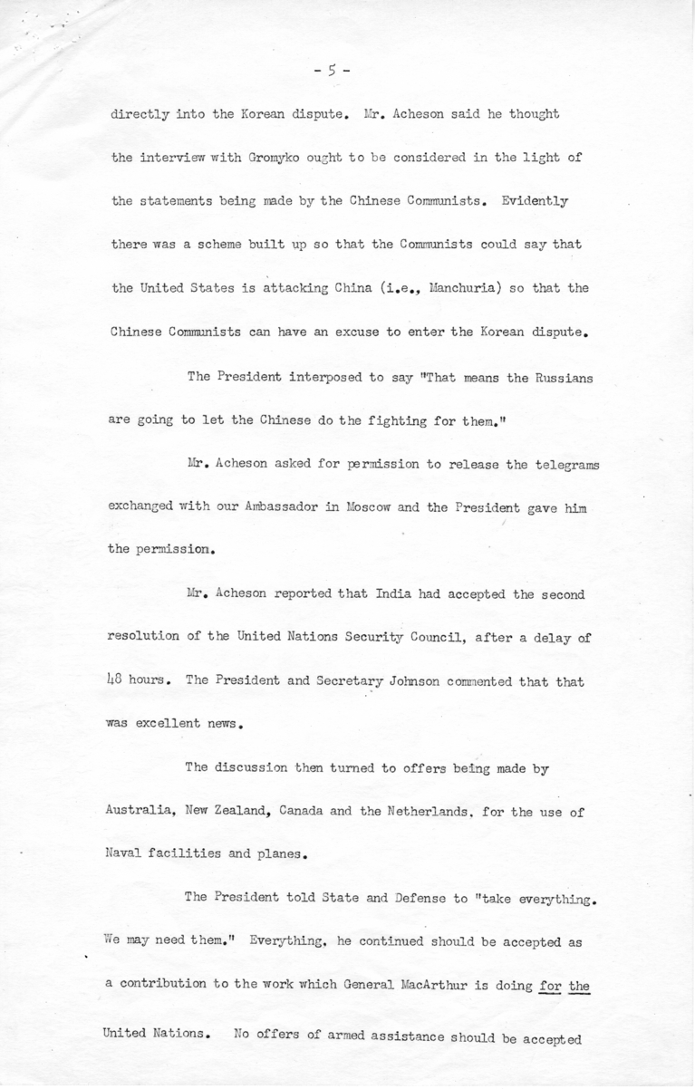 Notes Regarding President Truman's June 29, 1950 Meeting