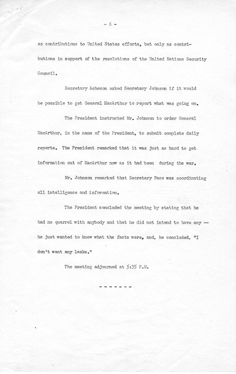 Notes Regarding President Truman's June 29, 1950 Meeting