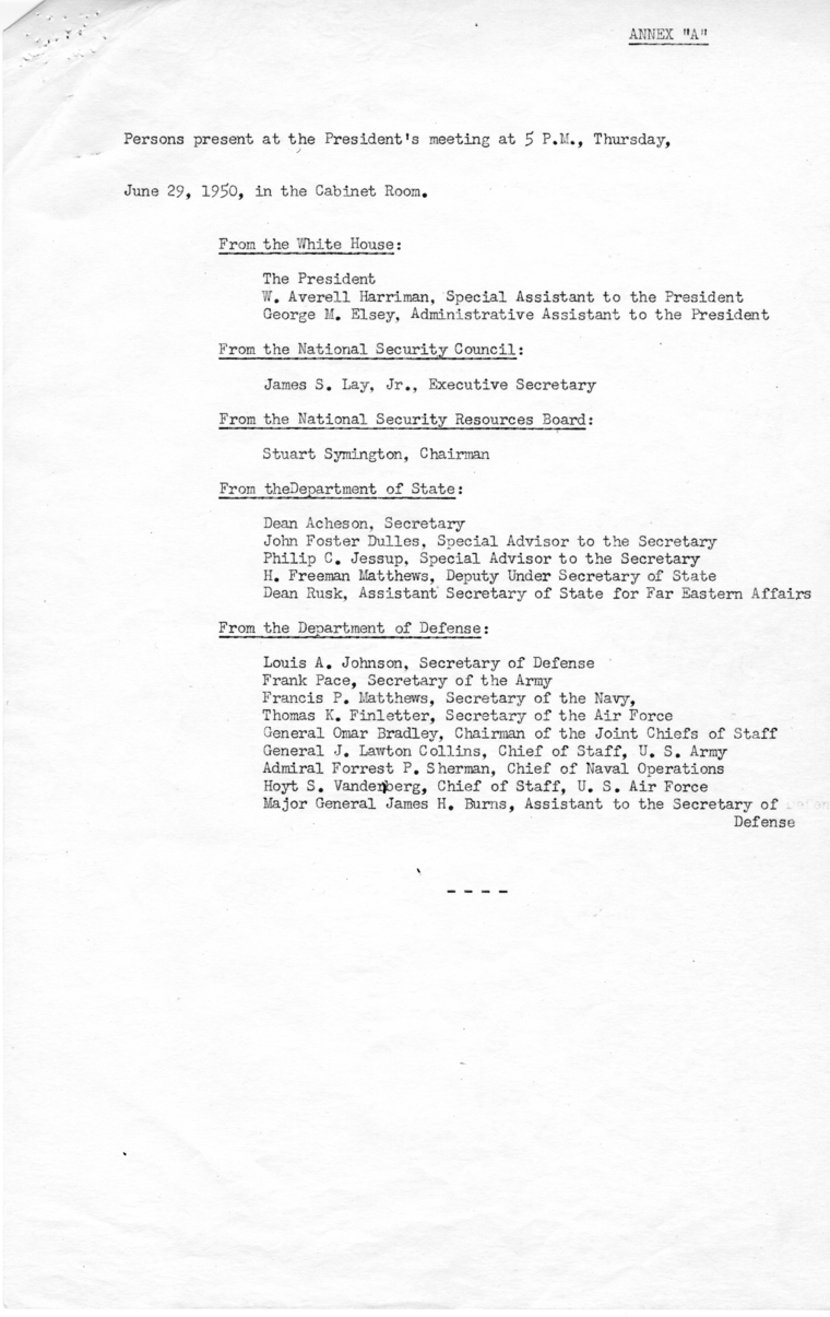 Notes Regarding President Truman&#039;s June 29, 1950 Meeting