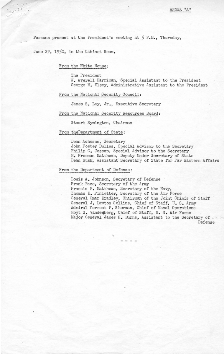 Notes Regarding President Truman's June 29, 1950 Meeting