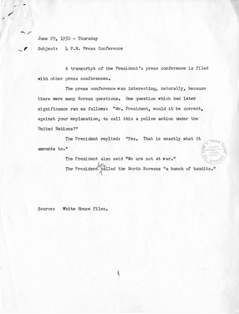 Notes and Memoranda Regarding President Truman&#039;s June 29, 1950 Press Conference