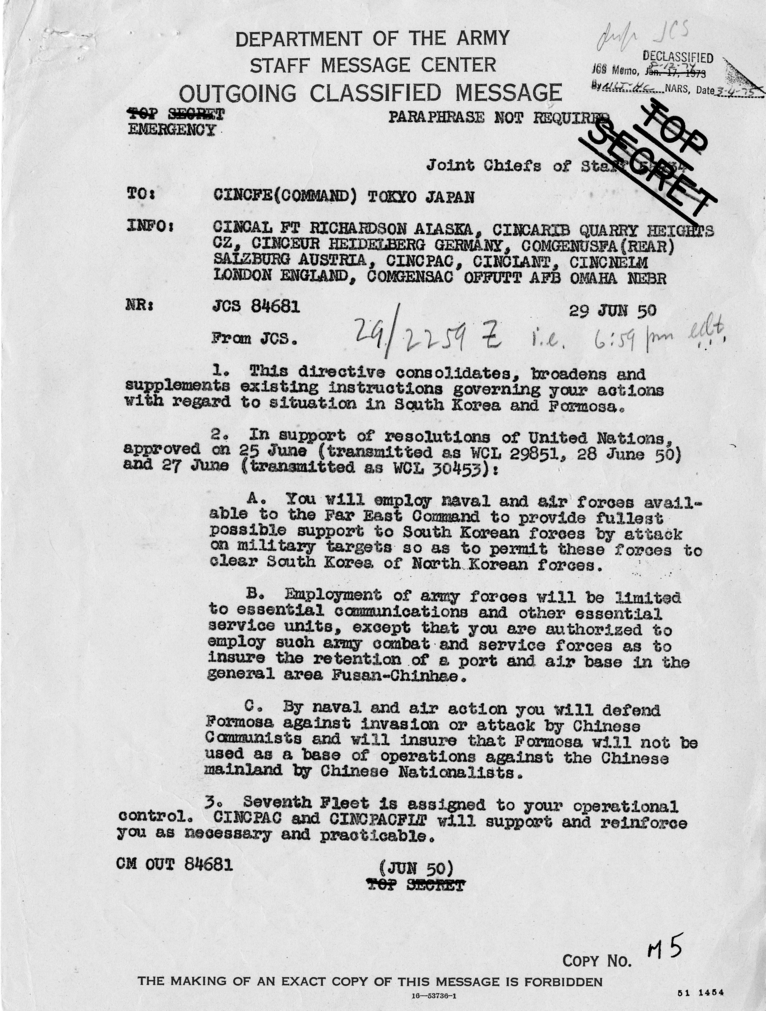 Army Department Message, Joint Chiefs of Staff to Douglas MacArthur