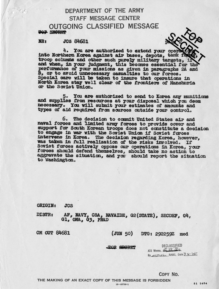 Army Department Message, Joint Chiefs of Staff to Douglas MacArthur