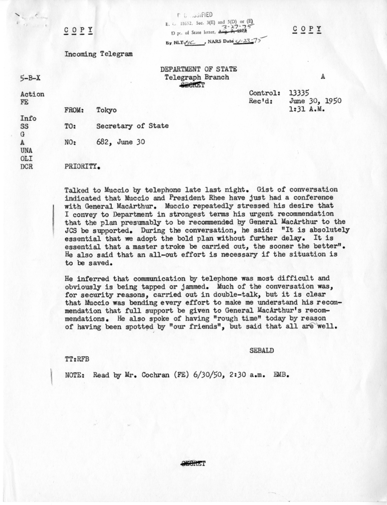 Telegram, William Sebald to Dean Acheson
