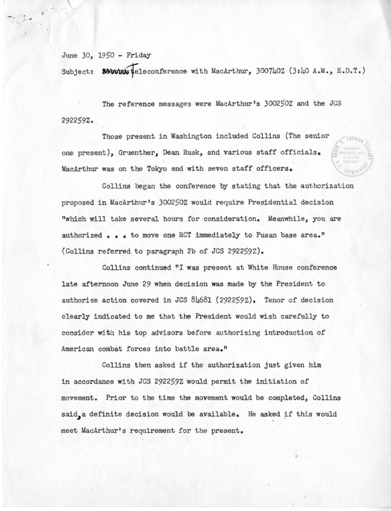 Notes of June 30, 1950 Teleconference Between Generals MacArthur and Collins