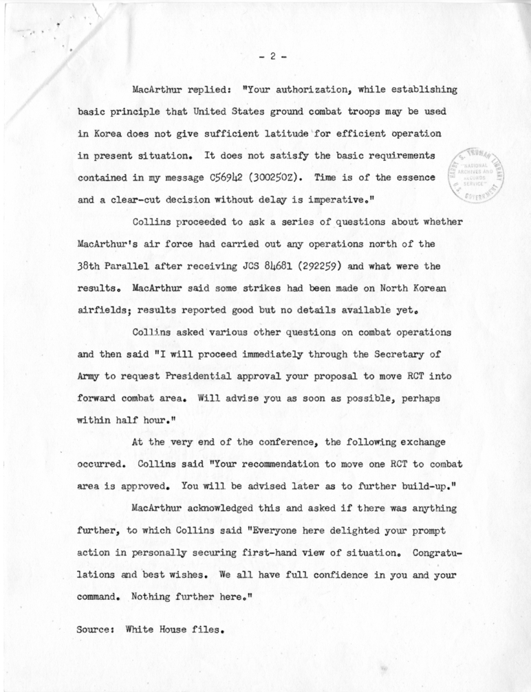 Notes of June 30, 1950 Teleconference Between Generals MacArthur and Collins