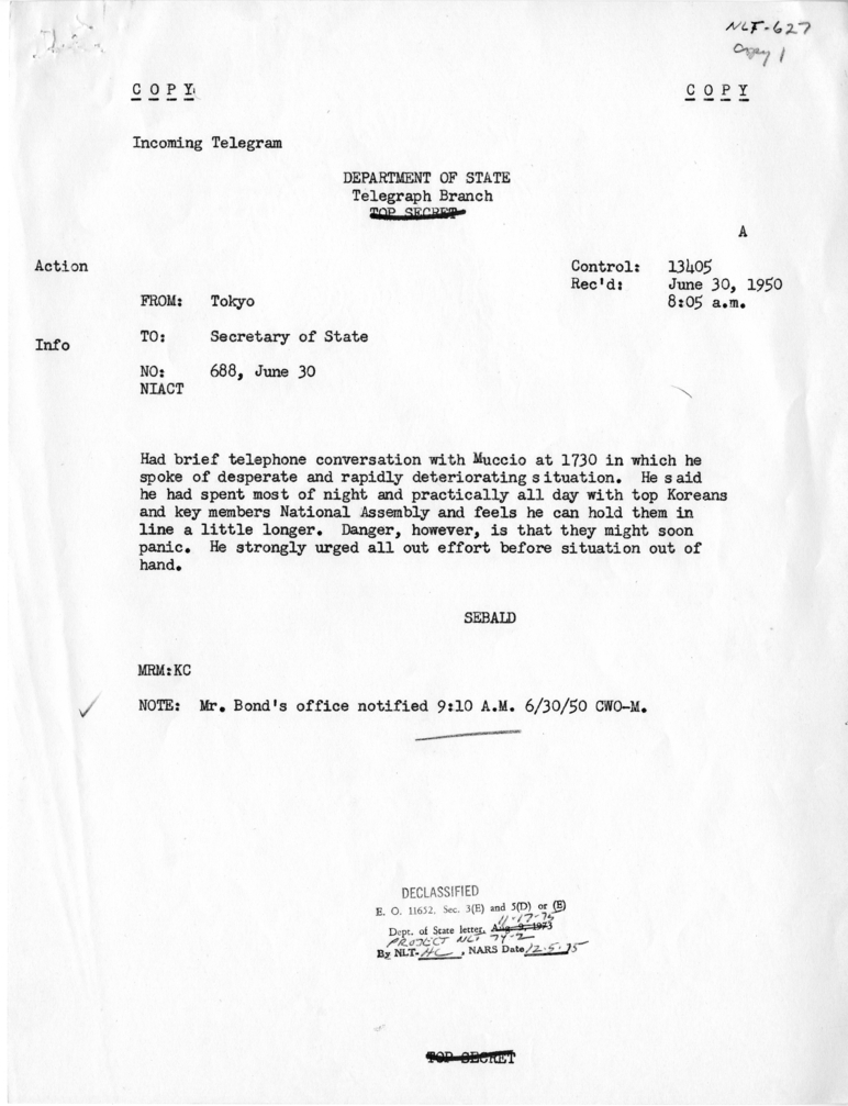 Telegram, William J. Sebald to Dean Acheson