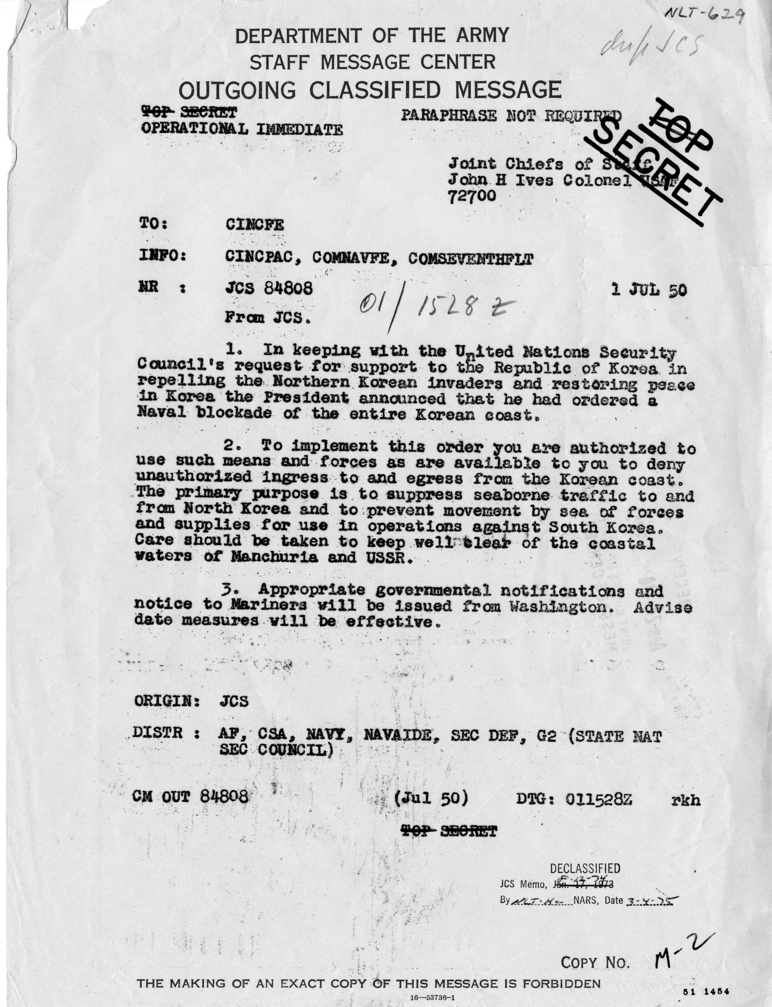 Army Department Message, Joint Chiefs of Staff to Douglas MacArthur