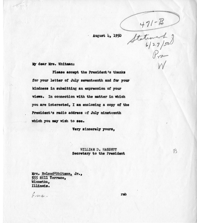 Mrs. Ronald Whitman, Jr., to Harry S. Truman with Reply From William D. Hassett