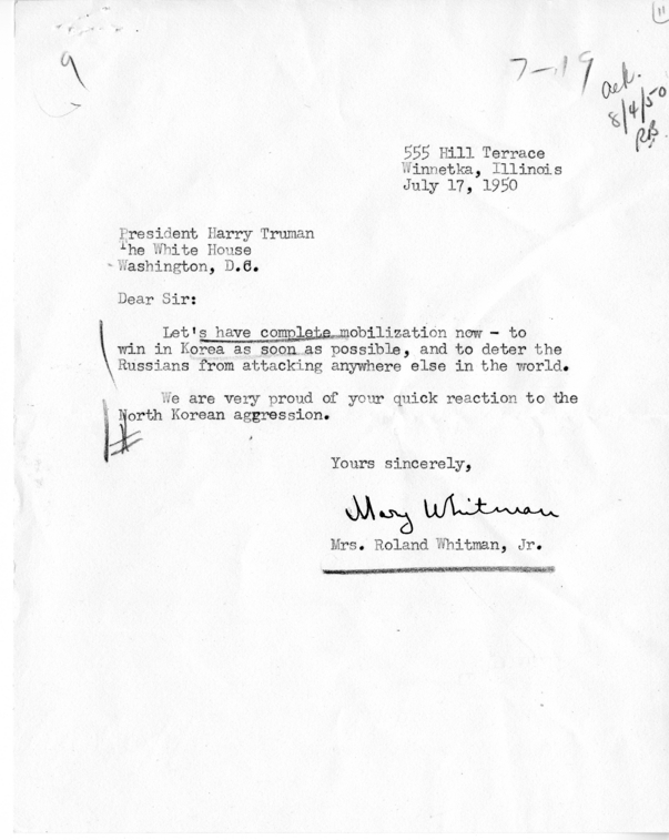 Mrs. Ronald Whitman, Jr., to Harry S. Truman with Reply From William D. Hassett