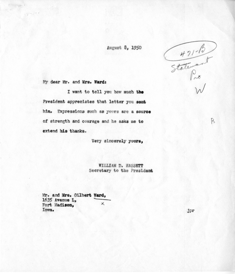 Mr. and Mrs. Gilbert Ward to Harry S. Truman With Reply From William D. Hassett