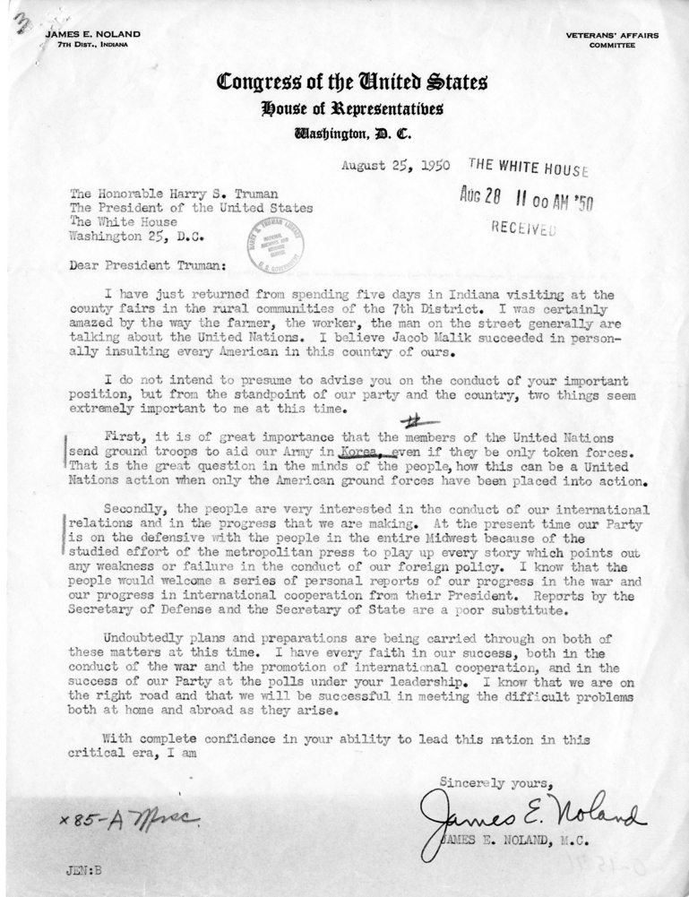 Correspondence Between James E. Noland and Harry S. Truman