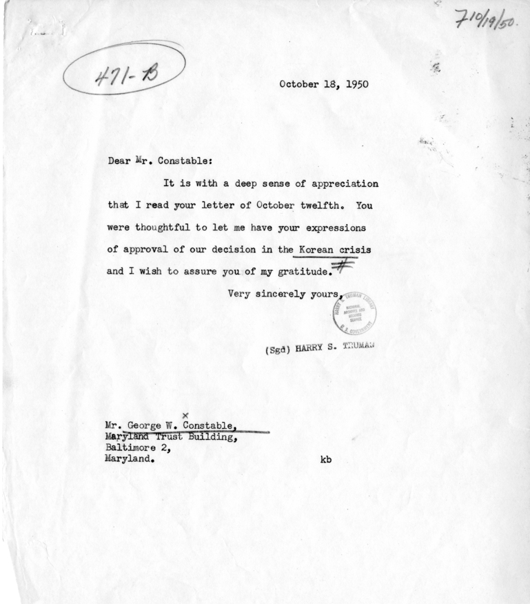 Correspondence Between George W. Constable and Harry S. Truman